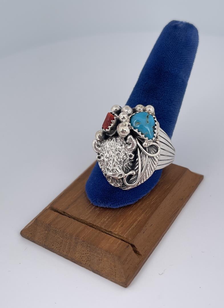 Navajo Sterling Silver Turquoise Buffalo Head Ring (1 of 6)