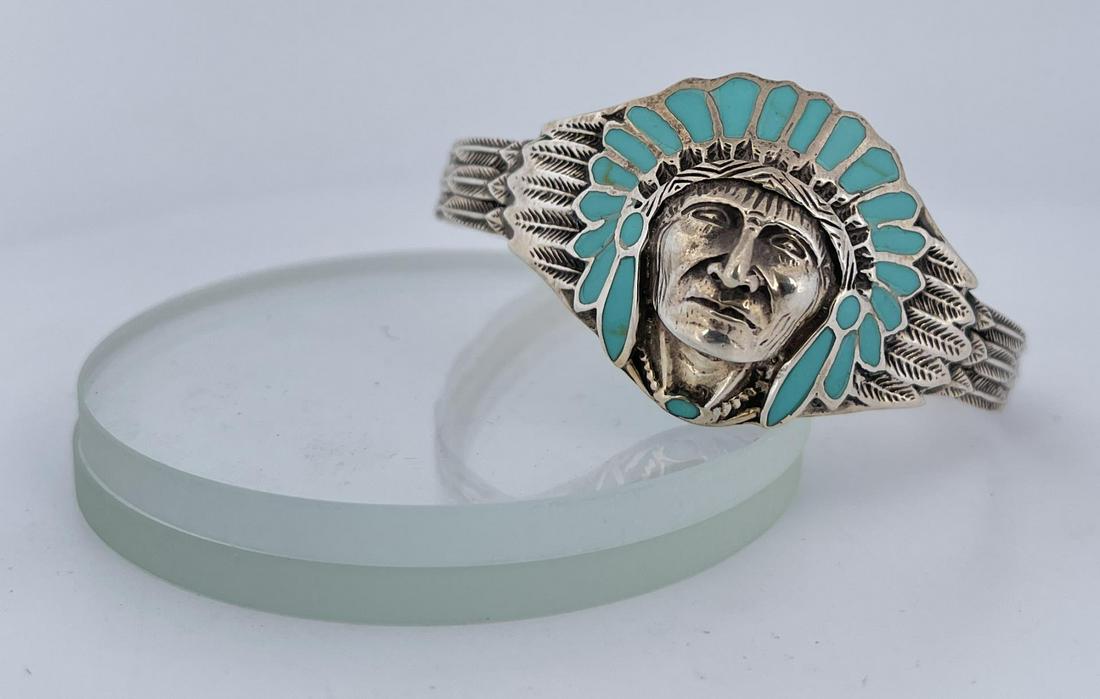 Navajo Sterling Silver Indian Chief Biker Bracelet (1 of 8)
