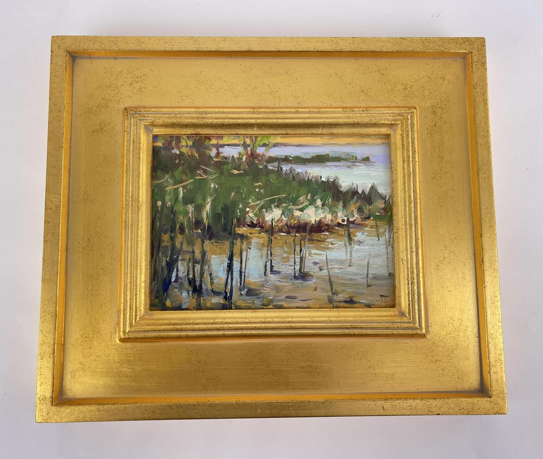Taylor Lynde Oil on Board Grasses in the Shallows: Very nice plein air painting. 11 1/2" by 13 1/2" framed, 6" by 8" unframed. Taylor Lynde is a fourth generation resident of Montana. His career has been influenced by two men, artist Scott Switzer and