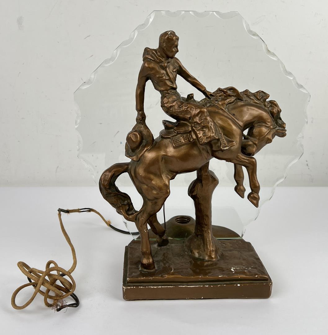 Antique Cowboy Bucking Bronco Lamp: Chalkware. 13" tall.