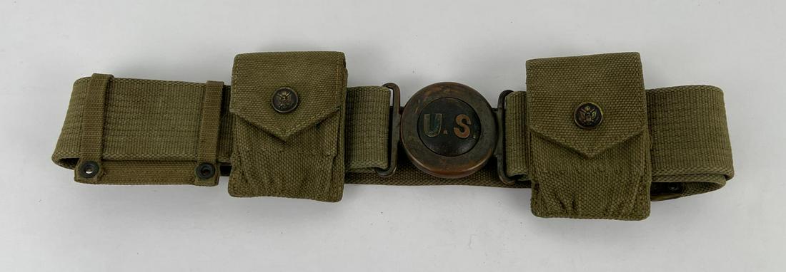WW1 M1910 Two Piece US Cavalry Garrison Belt: Has two eagle snap pouches, and bayonet slide as well. Nice example.