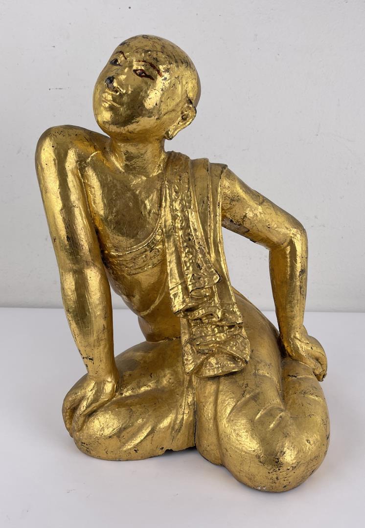 Antique Myanmar Burma Shariputra Monk Figure: Gold Gilt and Lacquer over wood. 16 7/8" tall, 16 3/8" long.