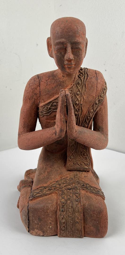 Antique Myanmar Burma Shariputra Monk Figure: Carved wood. 15 5/8" tall, 12" long.