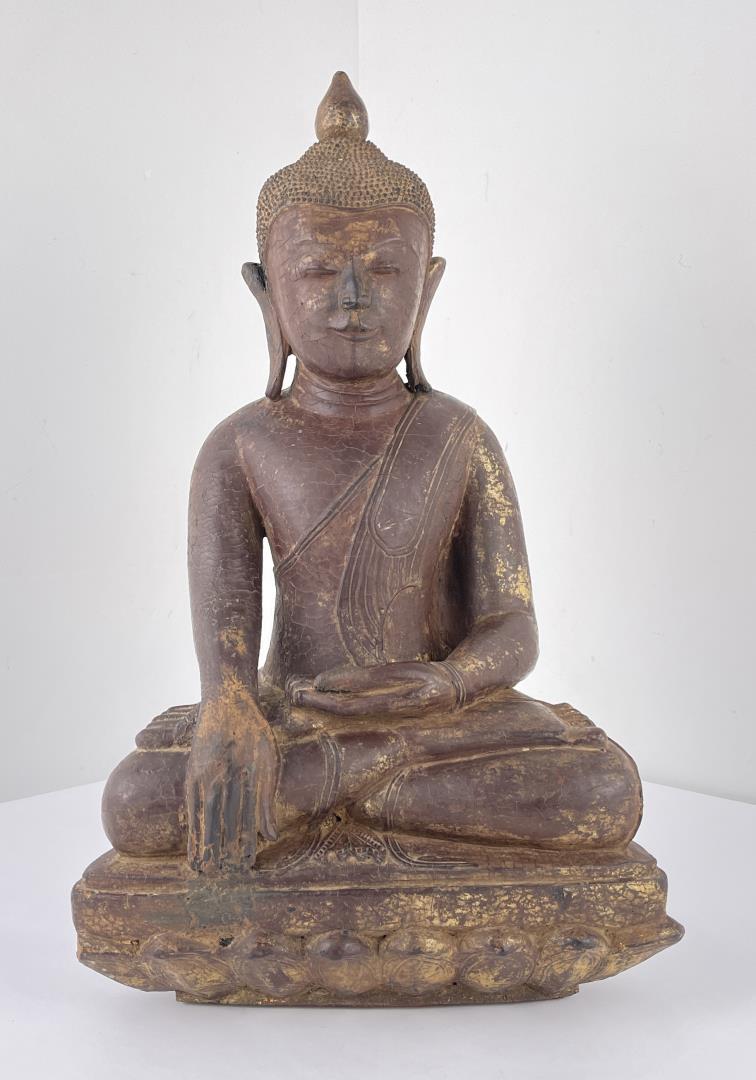 Antique Myanmar Burma Wood Buddha Figure: Mandalay Seated Buddha. Some of the gilt remains. Appears to have quite a bit of age. 23" tall. 13" long.