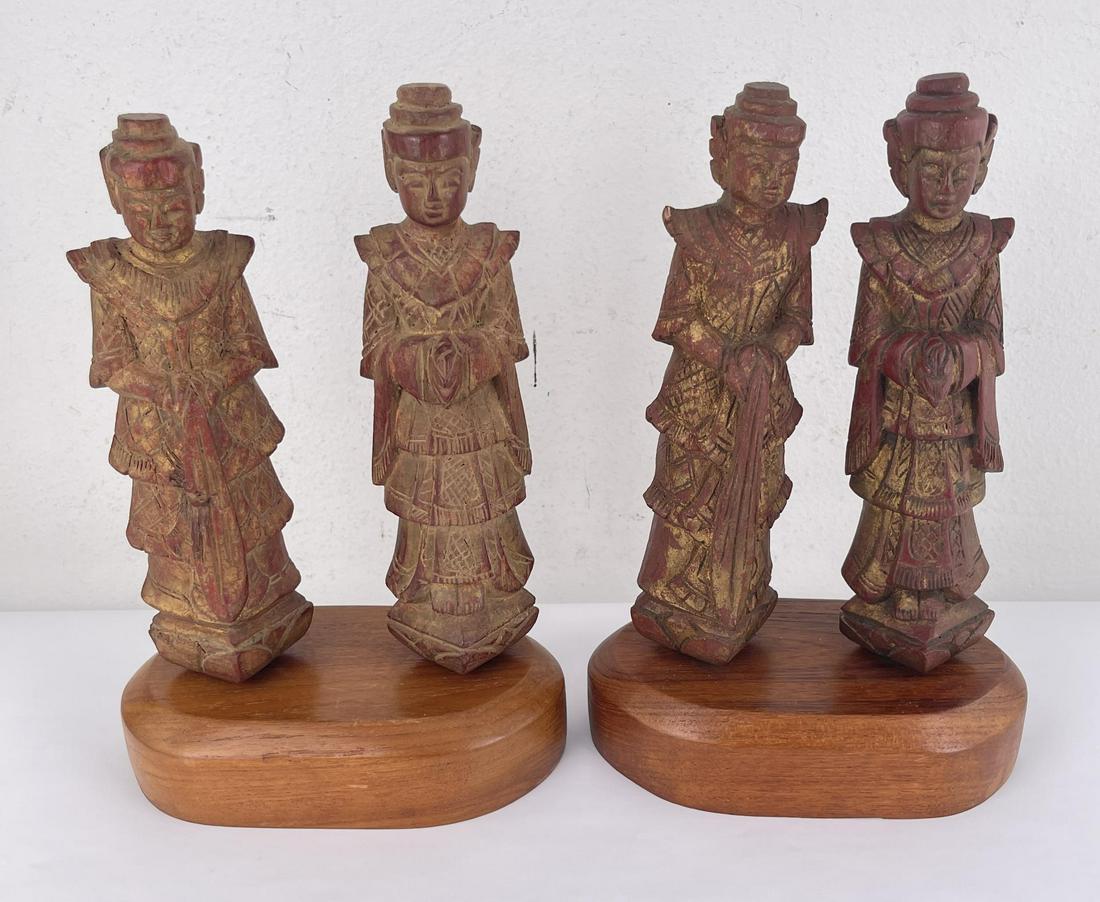 Group of Myanmar Burma Wood Carved Figures: Nice grouping. 12 3/8" tall on stands.