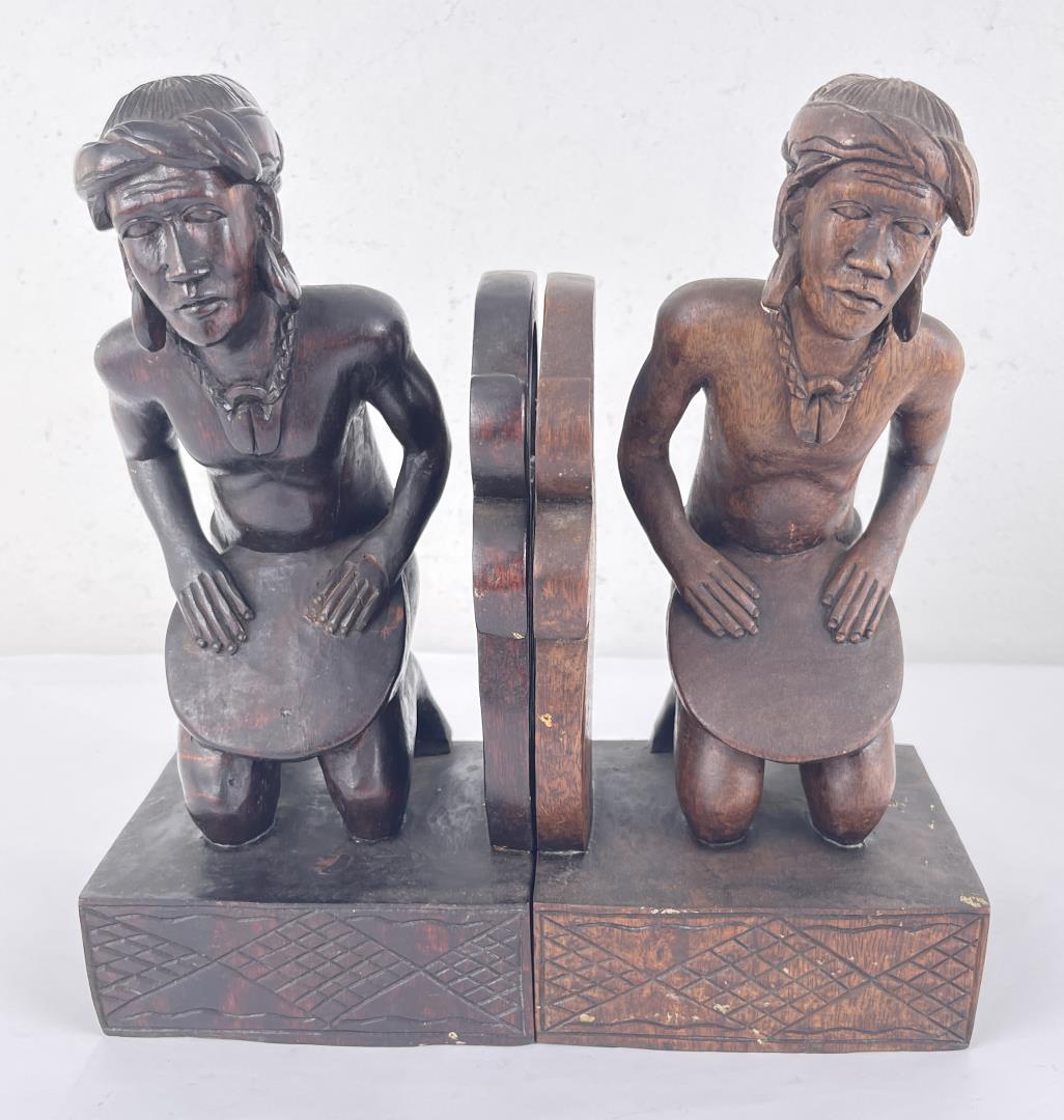 Pair of Philippines Carved Wood Bookends: 11 3/8" tall.