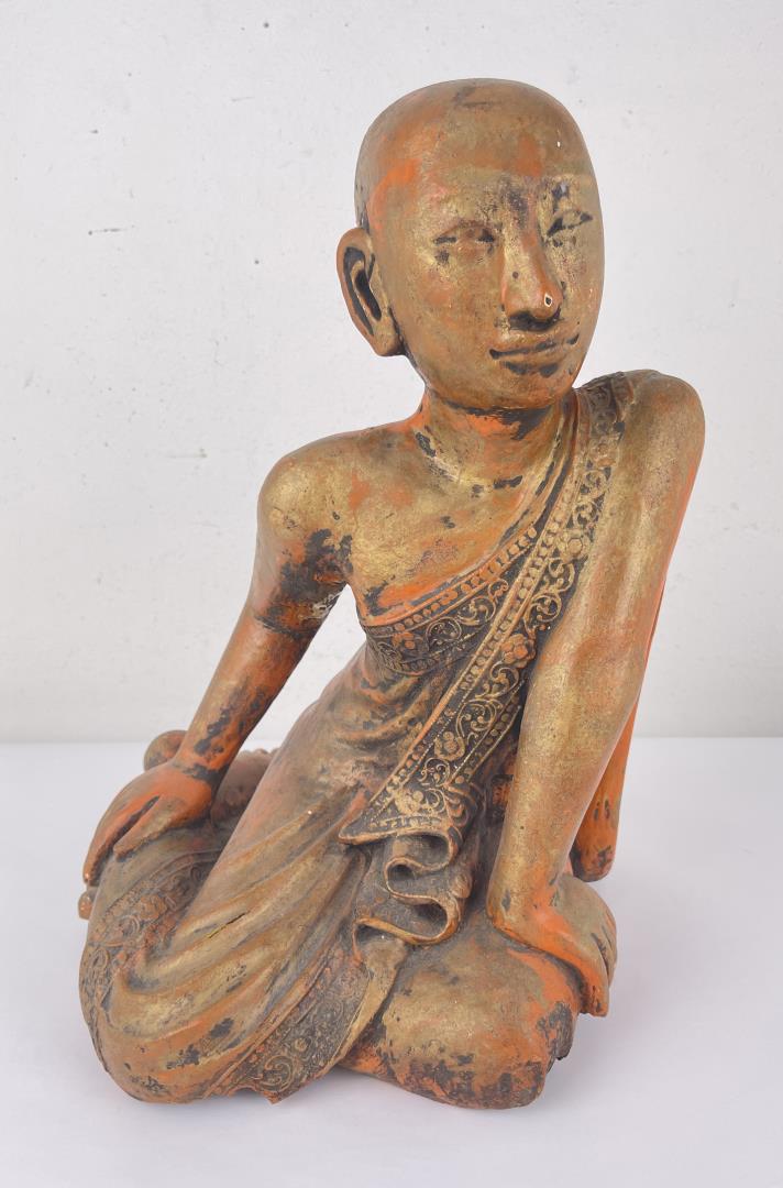 Antique Myanmar Burma Shariputra Monk Figure: 16 3/8" tall, 14" long.