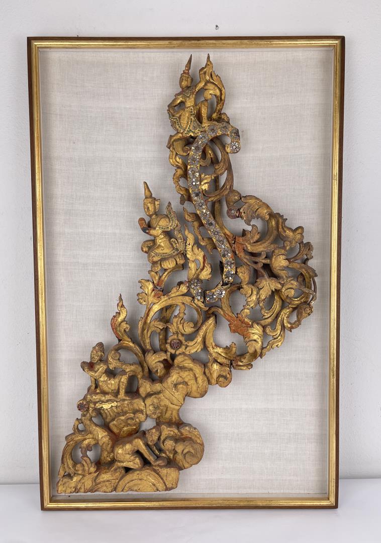 Antique Thailand Wood Temple Panel: 24" by 37" framed.