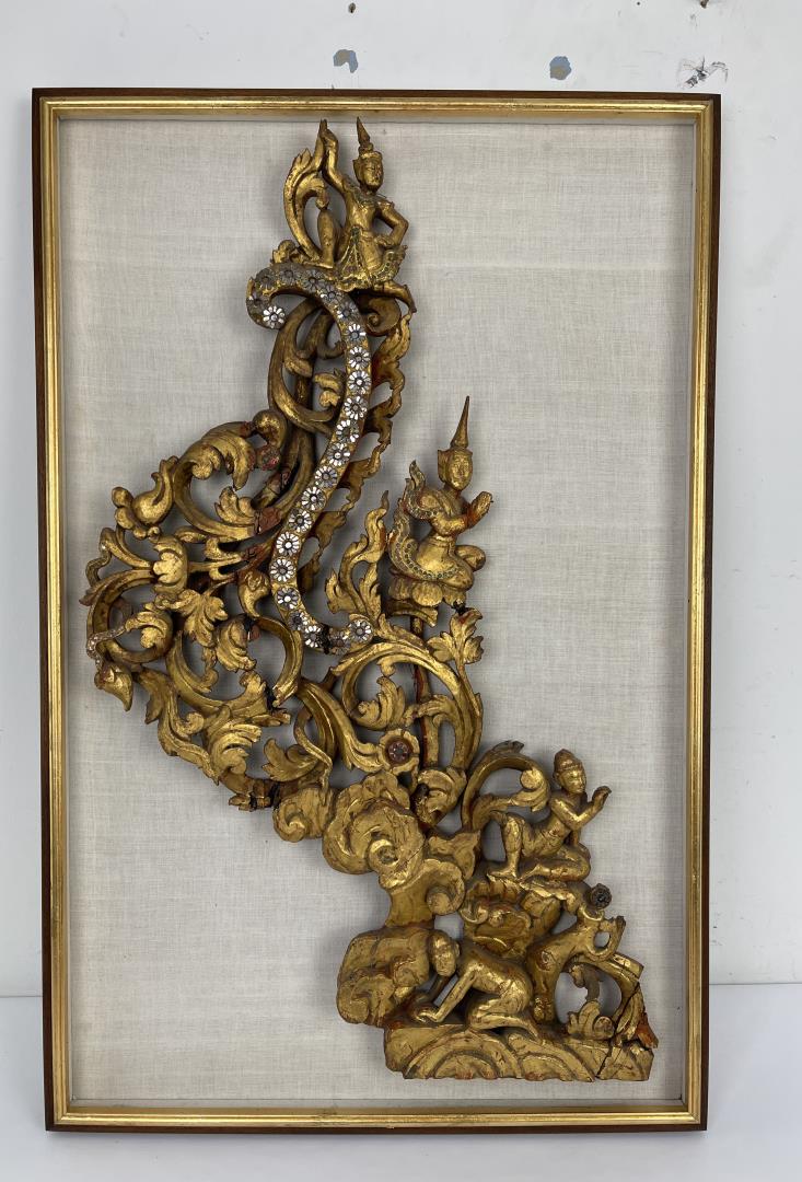 Antique Thailand Wood Temple Panel: 24" by 37" framed.
