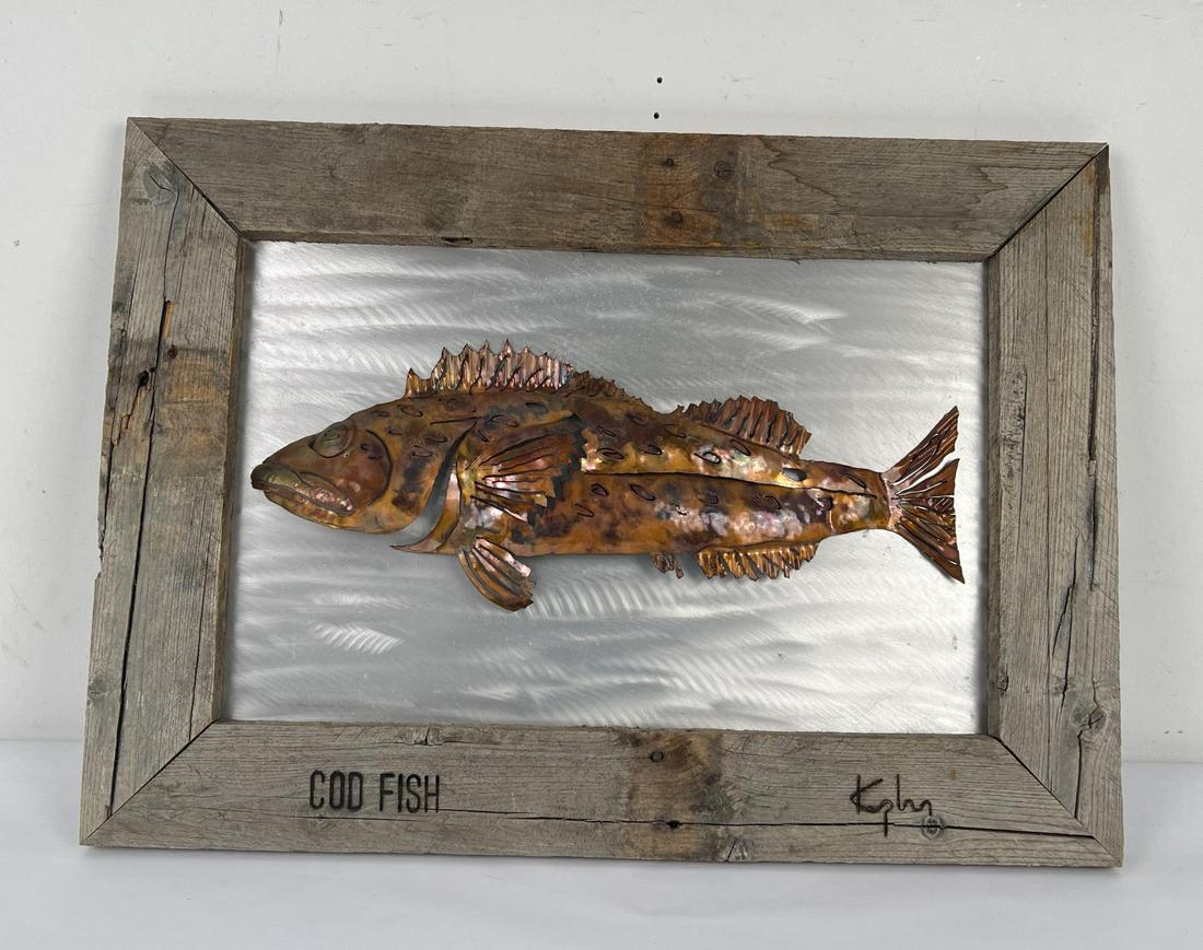 Kaplan Design Metal Cod Fish Wall Sculpture: 21" by 29" framed.