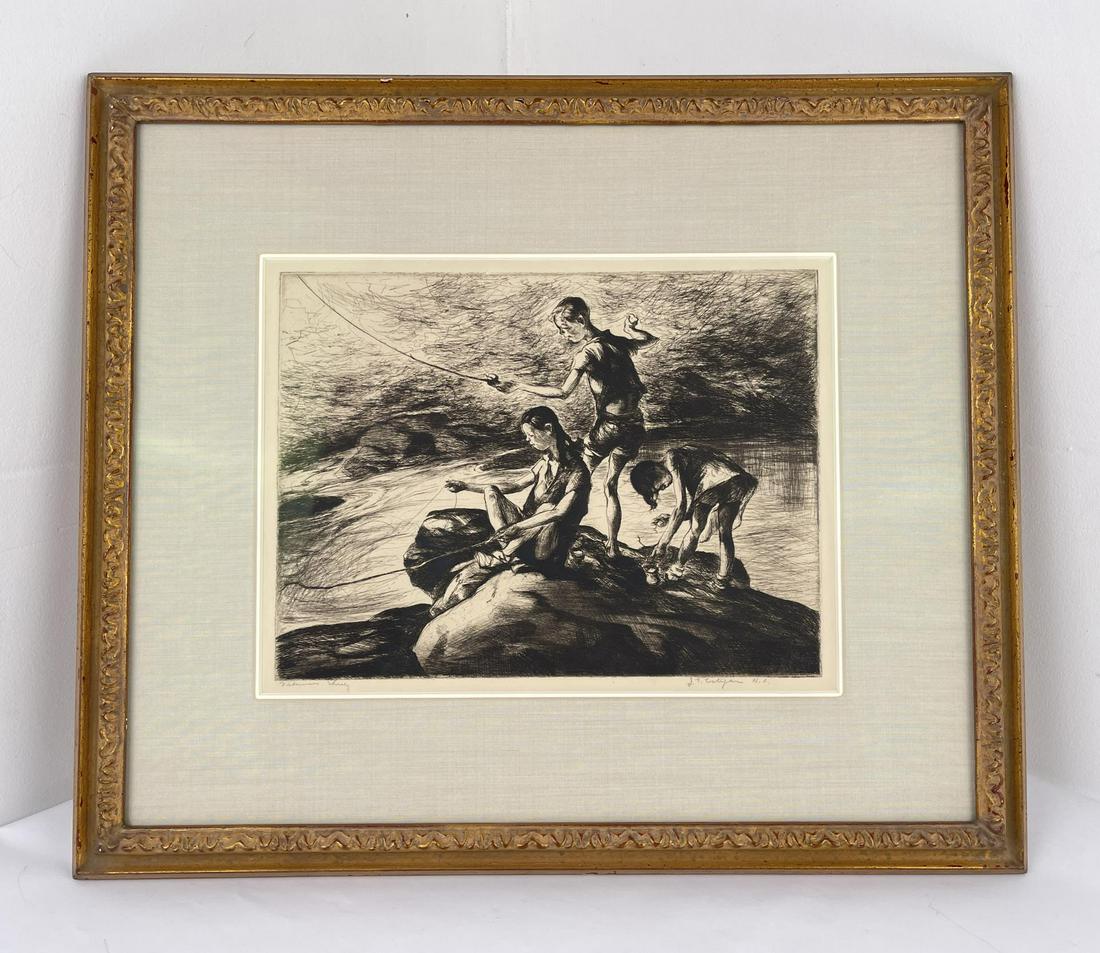 John E Costigan Fishermen Three Etching: Signed. American Artists Association. 17 1/2" by 20 1/2" framed.