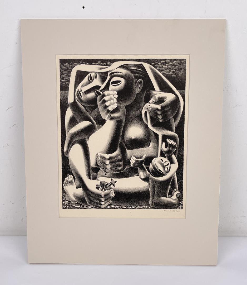 Emilo Amero Signed Lithograph: Title of the work is Where? (Donde?). 1950. Signed as shown. 16 1/4" by 20 1/4" on matte.