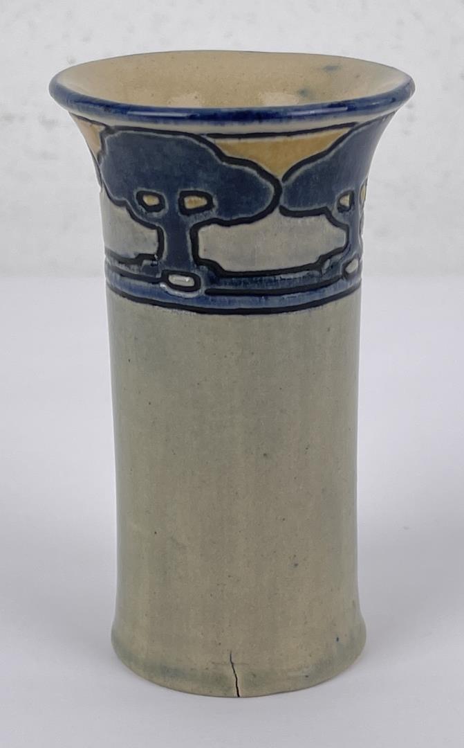 Arts and Crafts Newcomb College Pottery Vase: Circa 1905. Marked JM on the bottom for Joseph Meyer. Decorator is Amelie Roman. 4 3/8" tall. 2 1/2" diameter. Signed as shown.