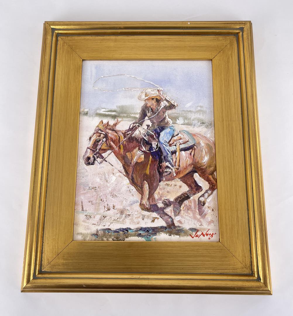 Jay Jung Roping Cowhand Painting: Approximately 11 1/2" by 14 1/2" unframed 14 " by 17" framed. Oil on canvas. Jay Jung (Born 1955) is active/lives in New York. Jay Jung is known for Painting. American Impressionist Artist Jay Jung - 