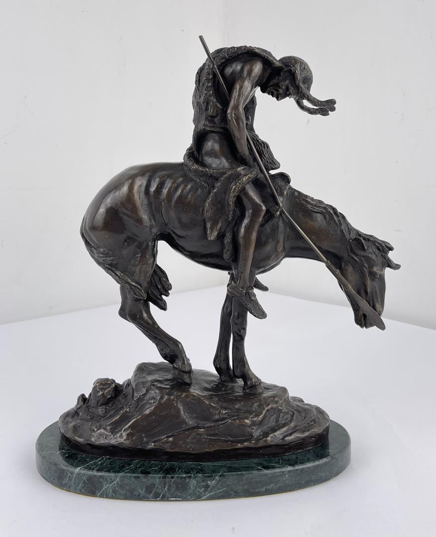 James Earle Fraser 'End of the Trail' Bronze: Approximately 13 1/2" tall James Earle Fraser (1876 - 1953) was active/lived in New York, New Hampshire, Connecticut, Minnesota. James Fraser is known for Indian figure sculpture, coin design. Having 