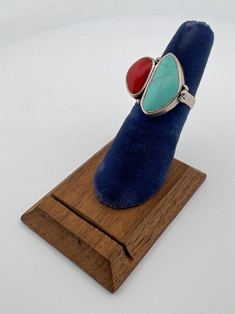 Navajo Sterling Silver Turquoise Red Coral Ring (1 of 4)