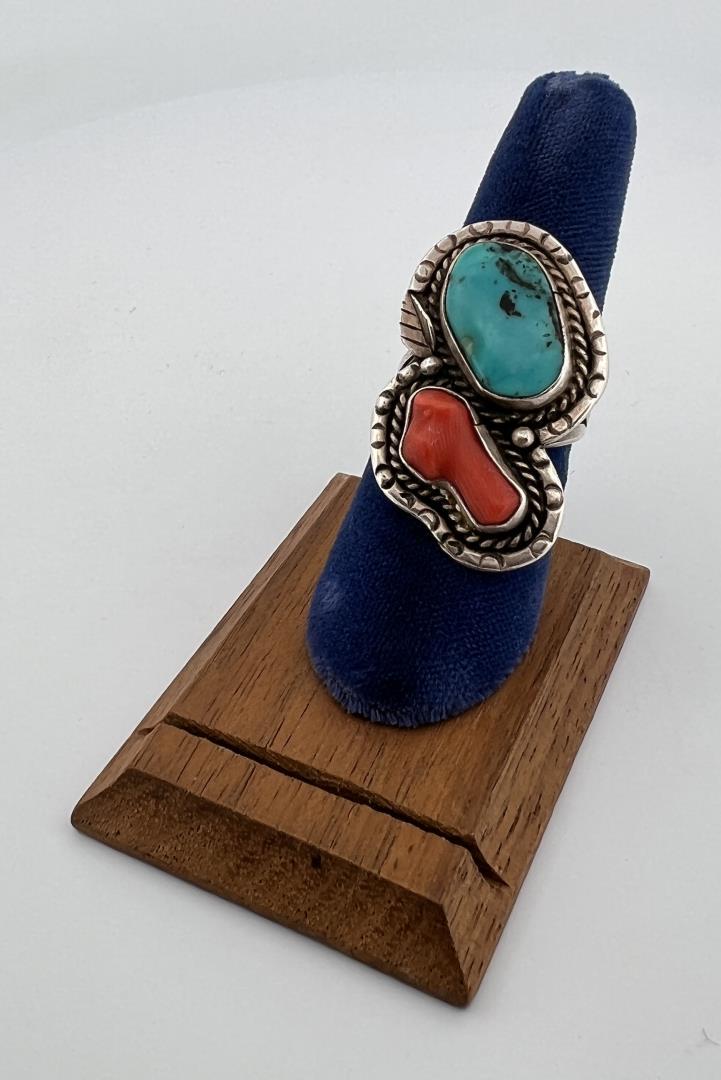 Navajo Sterling Silver Turquoise Red Coral Ring (1 of 4)
