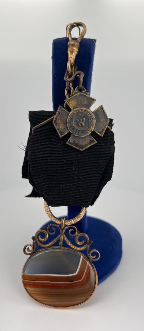 Victorian Washington State College Watch Fob: Very nice old fob. Has a black mourning ribbon, Banded Agate Cabochon, and a Washington State College Drop.