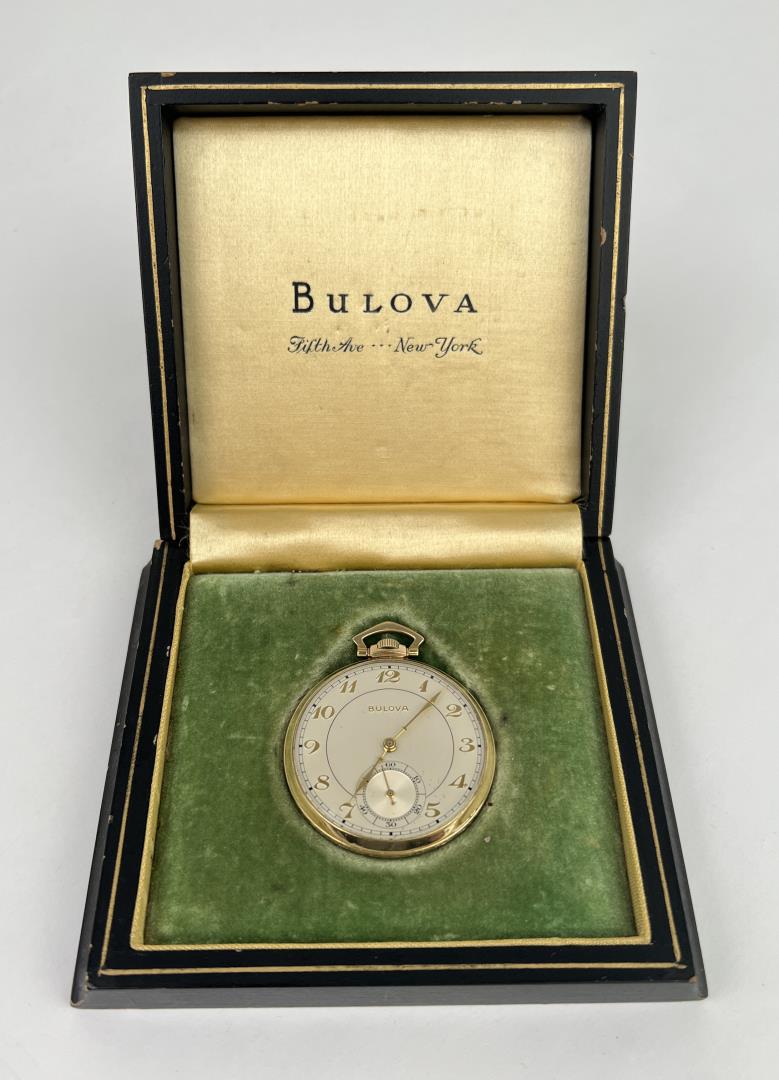 Antique Bulova 17AE Pocket Watch: Nice watch in case. Rolled Gold Plate Case. Comes in original box. Running