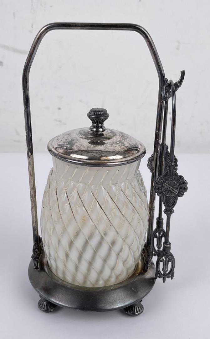 Victorian Pickle Castor Opalescent Glass: Nice set with tongs. Made by Barbour Brothers.