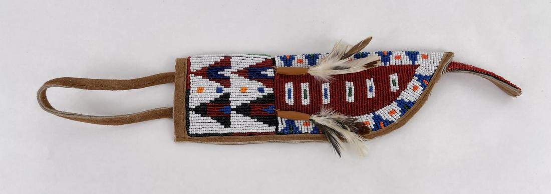 Rendezvous Indian Style Beaded Knife Sheath: Contemporary. Artisan Unknown, not Indian made. 12 3/8" long, 3 1/4" wide.