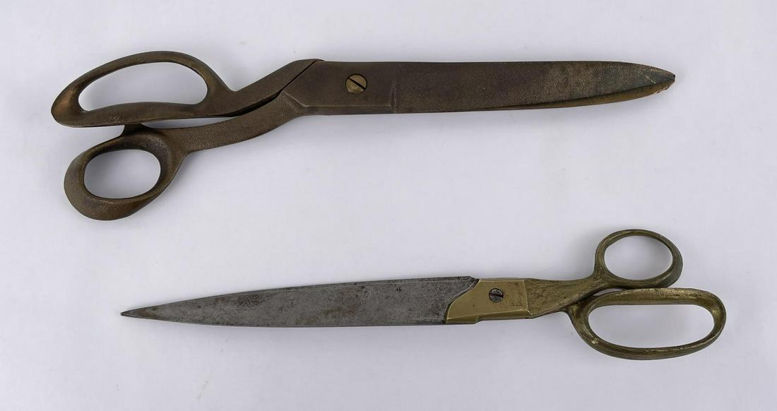 Large Antique Bronze Fabric Shears: Shears or Tailors Scissors. Possibly used near the manufacture of ordnance. As they are bronze and non sparking. One is 12 5/8" long, the other is 14 1/2" long.