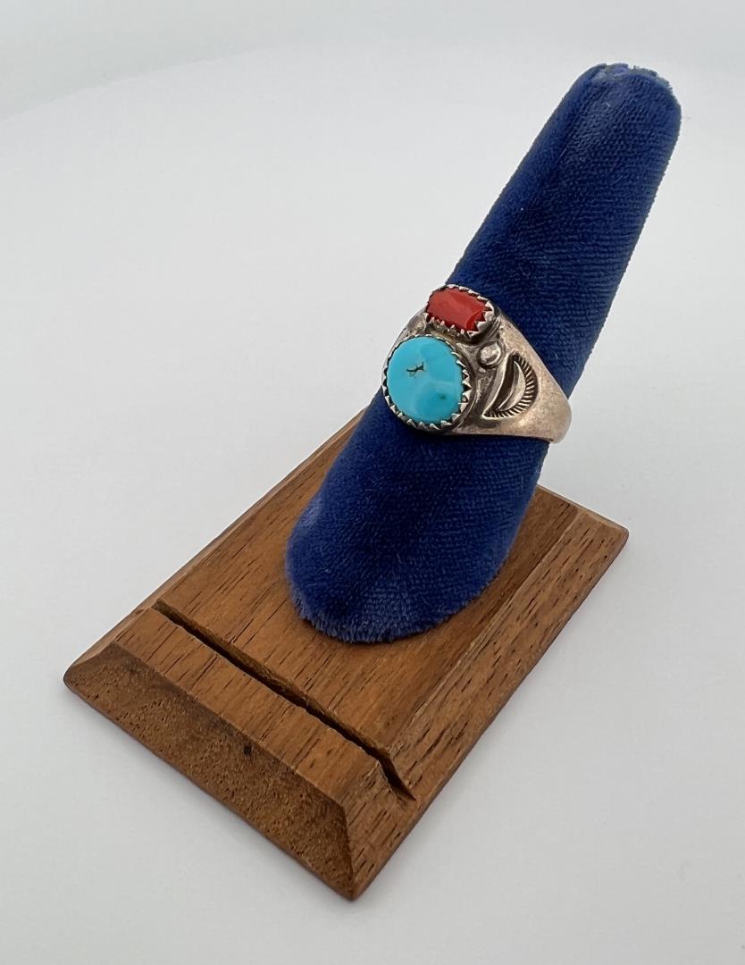 Navajo Sterling Silver Turquoise Coral Ring (1 of 3)