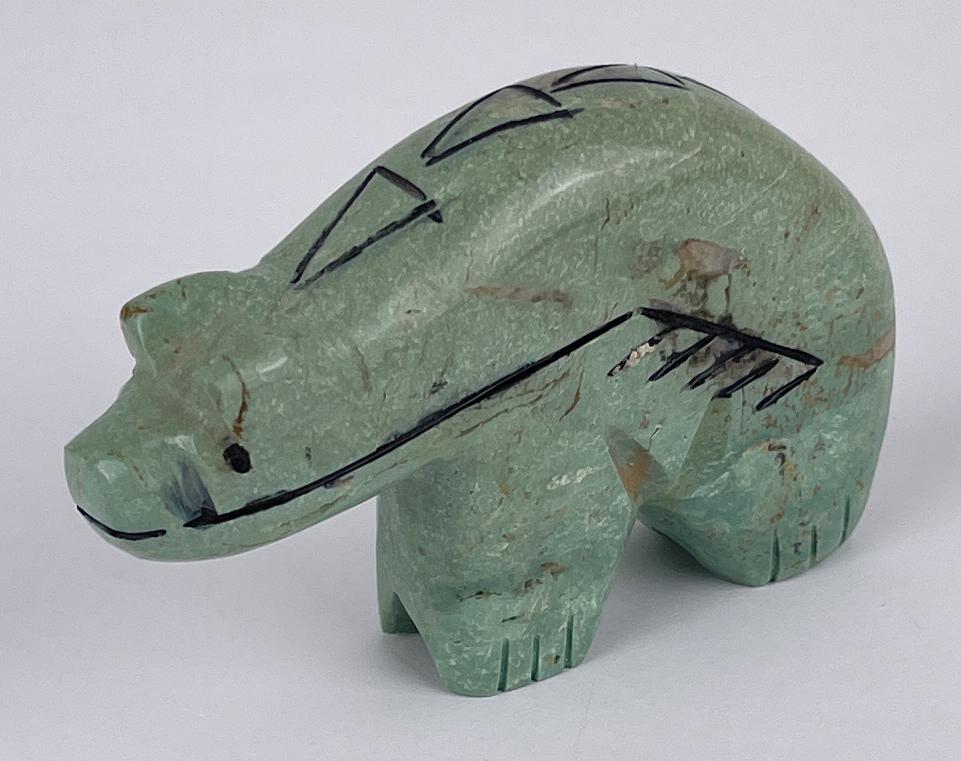 Zuni Native American Indian Bear Fetish: Turquoise colored rock, not sure what kind it is. 2 7/8" long. Allard Auction Collection Inv: SAD