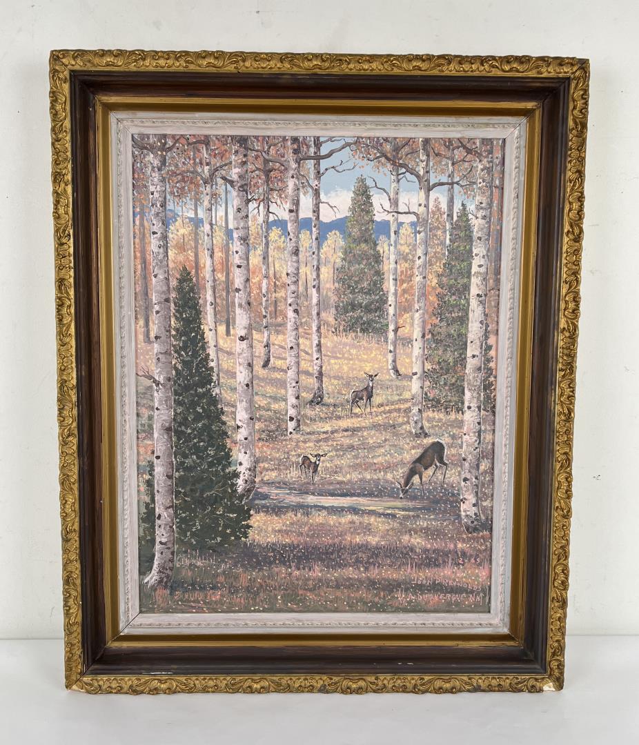 John P. Reynolds Deer in the Aspen Painting: Oil on board. 24 1/2" x 18 1/2". 31" x 25" framed. Allard Auction Collection Inv: EVAN 47490