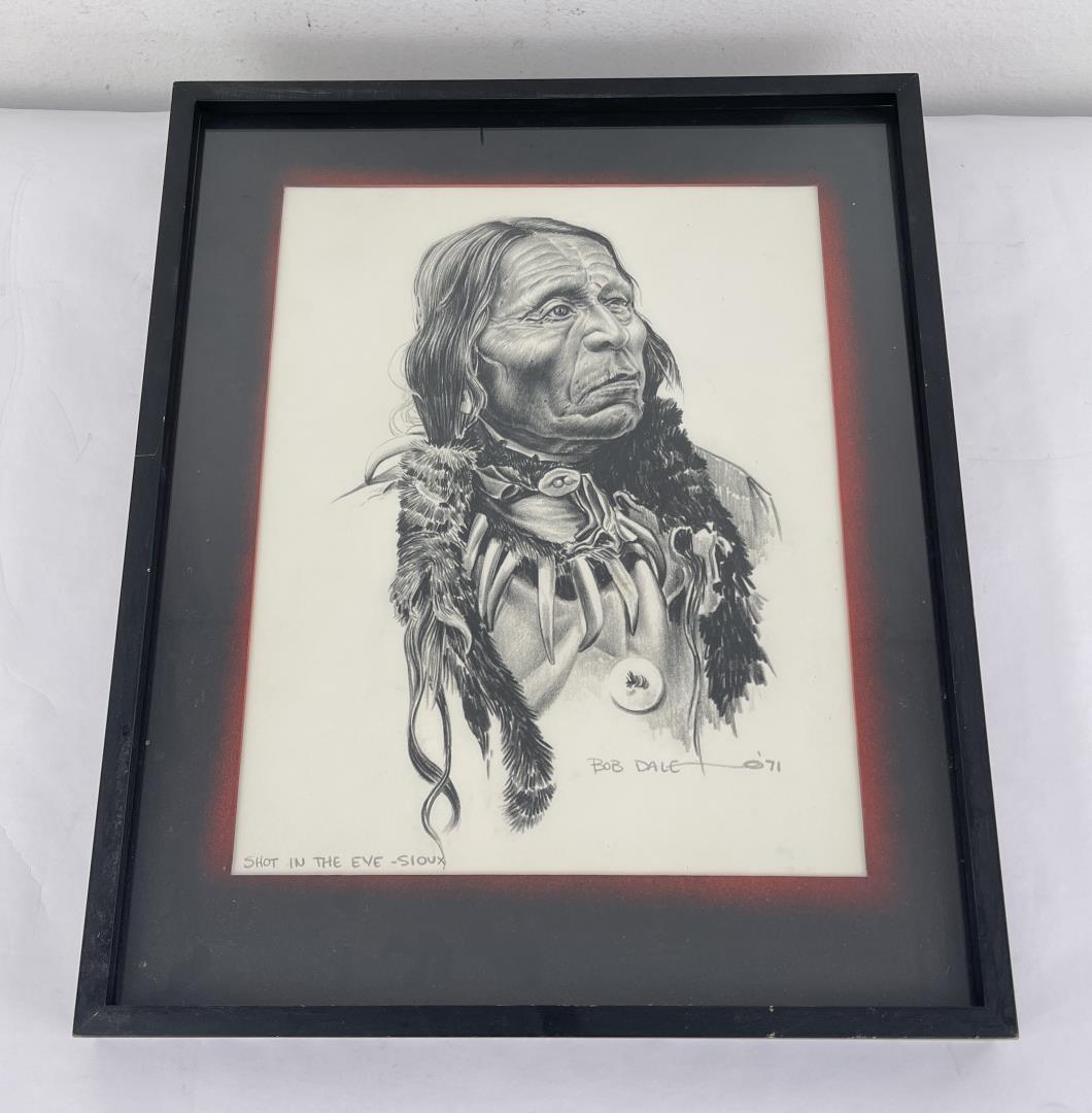 Bob Dale Indian Drawing: Shot in the Eye. 16 3/4" by 20 3/4" framed. Bob Dale was born in San Antonio, Texas in 1927 and grew up in Brownsville, Texas. He began drawing from the time he could hold a pencil and hasn't stopped