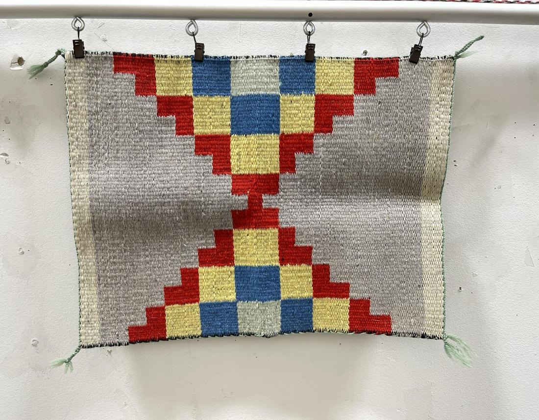 Small Germantown Navajo Indian Blanket Rug: Sampler Size. Unusual double sided rug. 13" by 17".