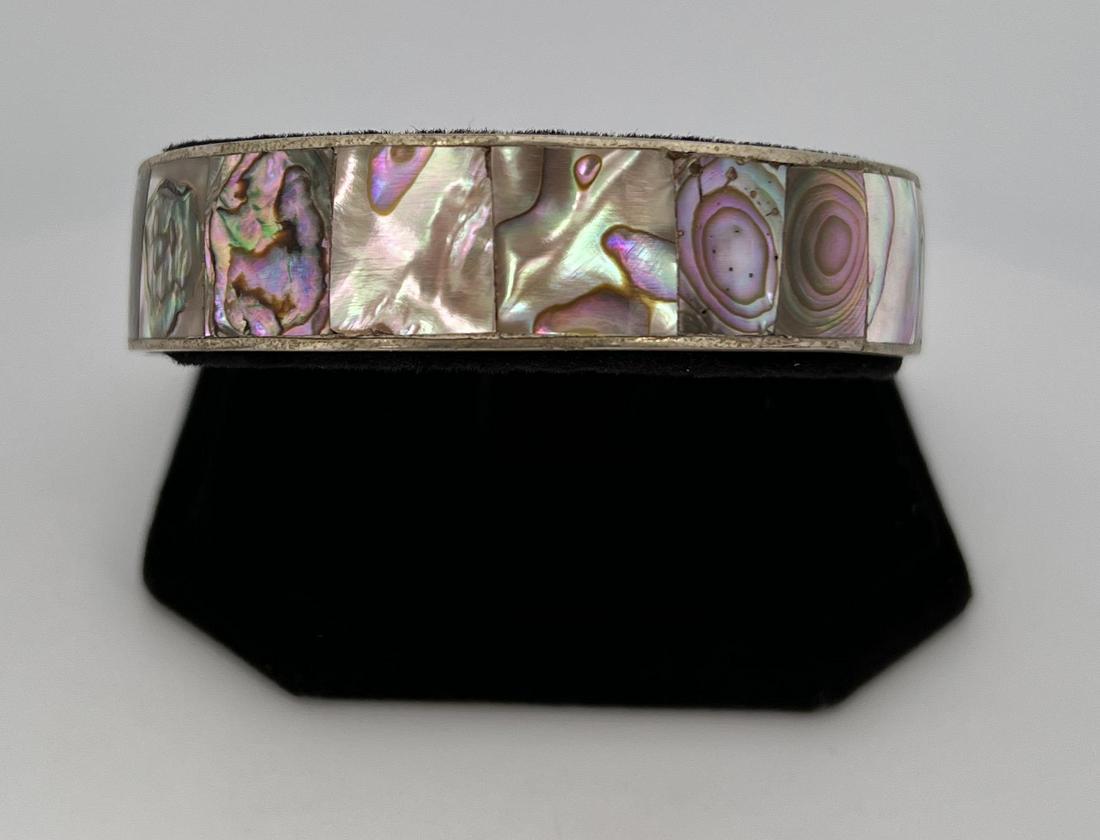 Taxco Mexico Abalone Inlaid Bracelet: 2 3/4" diameter.