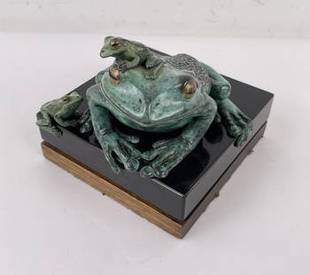 Kim Kori Frogs Bronze: Title is "Look Before you Leap". 6 1/2" long, 6 1/2" wide, 6" tall. Kim Kori (20/21st century) is active/lives in Arizona. Kim Kori is known for Animal and fantasy figure sculpture. Growing up in Lanc