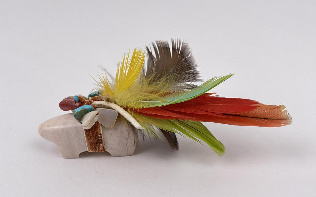 Mark Swazo Hinds Bear Fetish: 5 1/4" long, 2 1/2" tall. Mark Swazo Hinds is the son of famed Tesuque Pueblo painter Patrick Swazo - Hinds. He was born in Berkley, California, moved to Santa Fe in 1968 and moved to the Tesuque Pueb