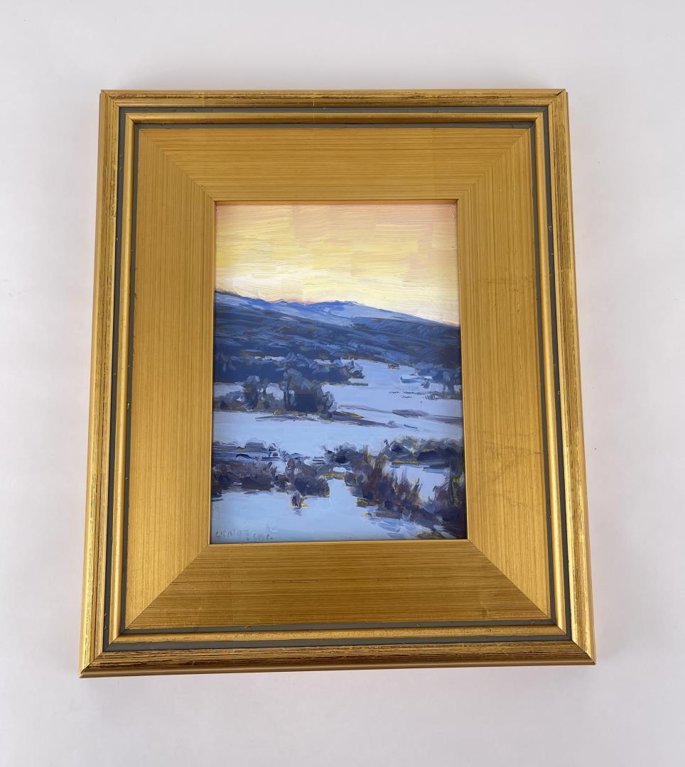 Taylor Lynde Oil on Board Dry Creek: 6" by 8" unframed. 11" by 13" framed. Title is Dry Creek, the Coldest and Prettiest. Montana Taylor Lynde is a fourth generation resident of Montana. His career has been influenced by two men, artist