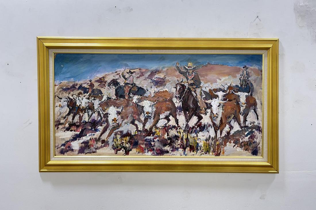 LARGE James Lee Colt Oil on Board Painting: Title is Cattle Drive. 31" by 55" framed. 24" by 48" unframed. Has some corner issues as shown. Displays very well. James Lee Colt (1922 - 2005) was active/lived in California, Arizona, Kansas, Missou