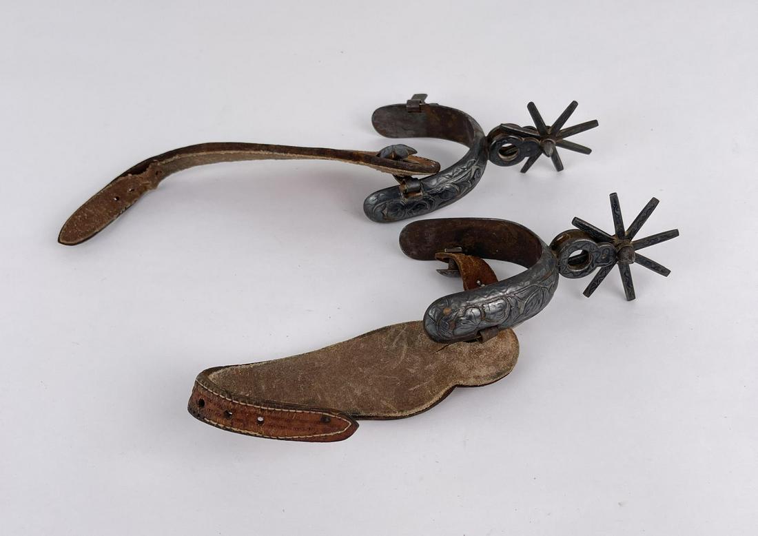 Pair of Antique Mexican Charro Cowboy Spurs: Silver Inlaid. Nice set of spurs.