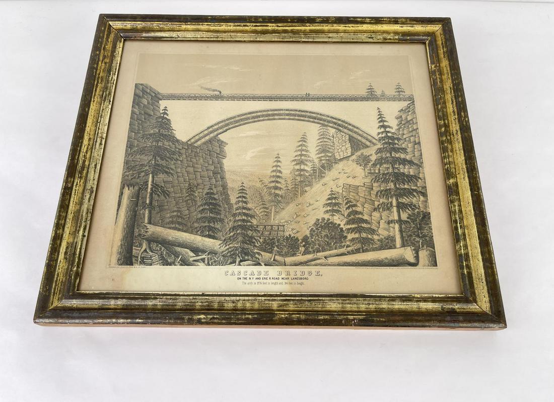 Antique Railroad Cascade Bridge Lithograph: Large framed Lithograph print of Cascade Railroad Bridge on the New York & Erie Railroad. Print measures 15" x 18" in size. Print has some darkening due to age. 17" by 20".