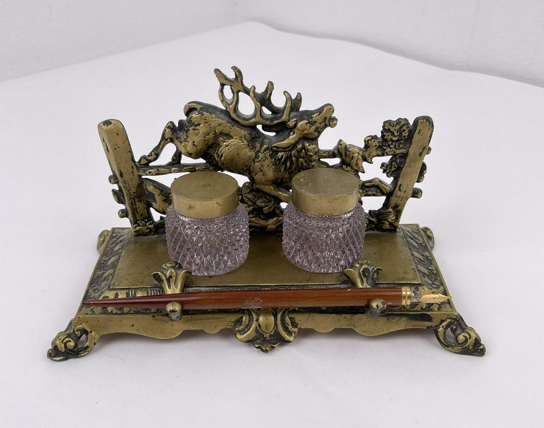 Bradley and Hubbard Brass Double Inkwell: Marked on the bottom with B&H 3549. Bradley and Hubbard formed in CT in 1852 and officially became known as Bradley & Hubbard in 1854. This inkwell stands about 5-1/8" to the top of the antlers and is