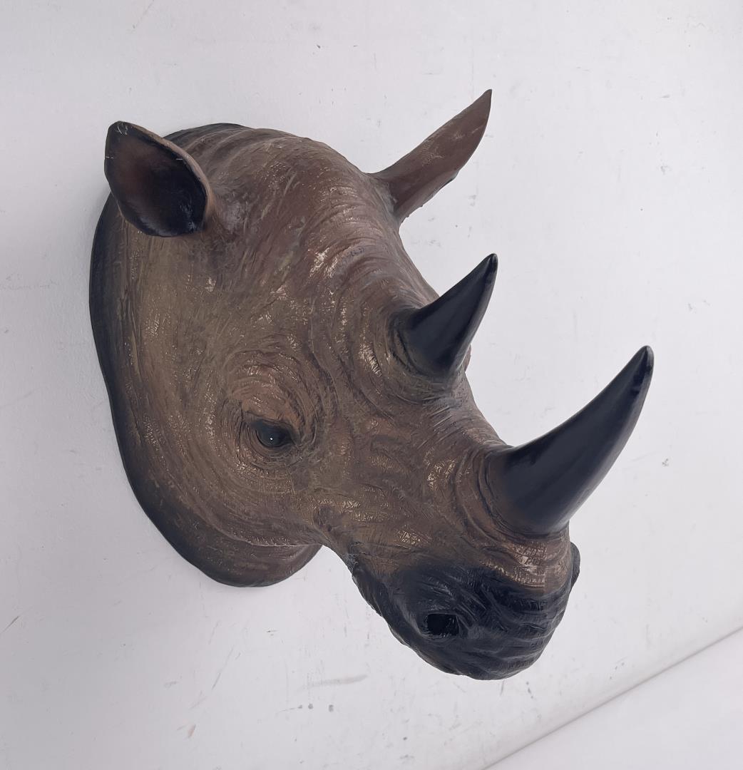 Resin Rhinoceros Head Wall Sculpture: 13" long, 12 1/4" tall.