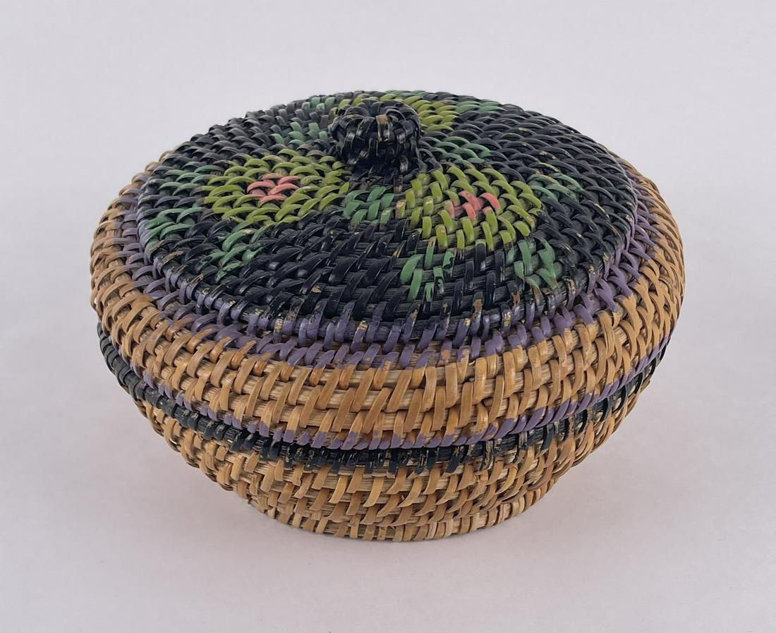 Asian Lidded Basket: 6 1/8" diameter, 3 3/8" tall.