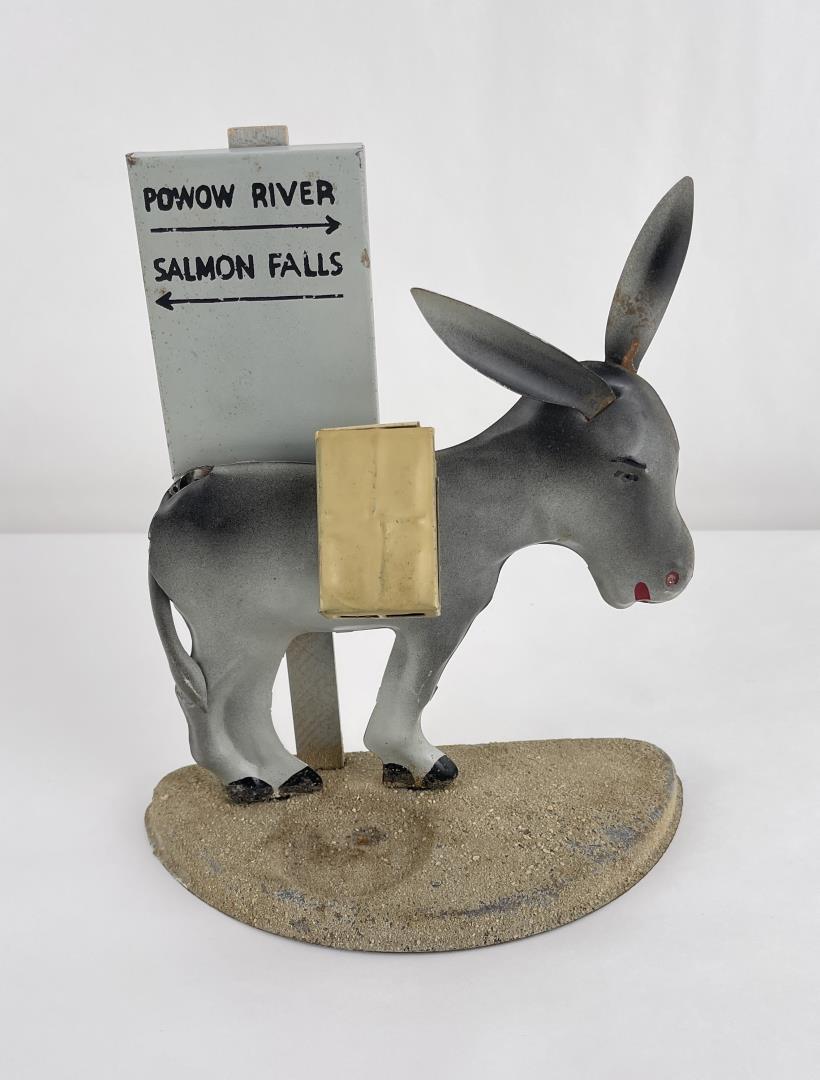 Donkey Mechanical Cigarette Dispenser: Neat old piece in original paint. Made by Bancroft Mfg. 10" tall, 8 7/8" long.