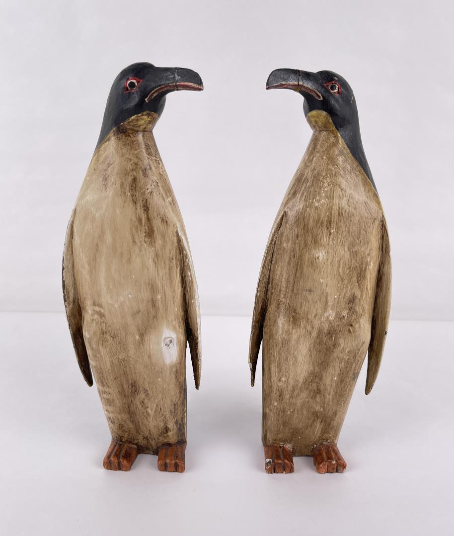 Pair of Carved Wood Penguins: Repaired beaks. 12 1/4" tall.
