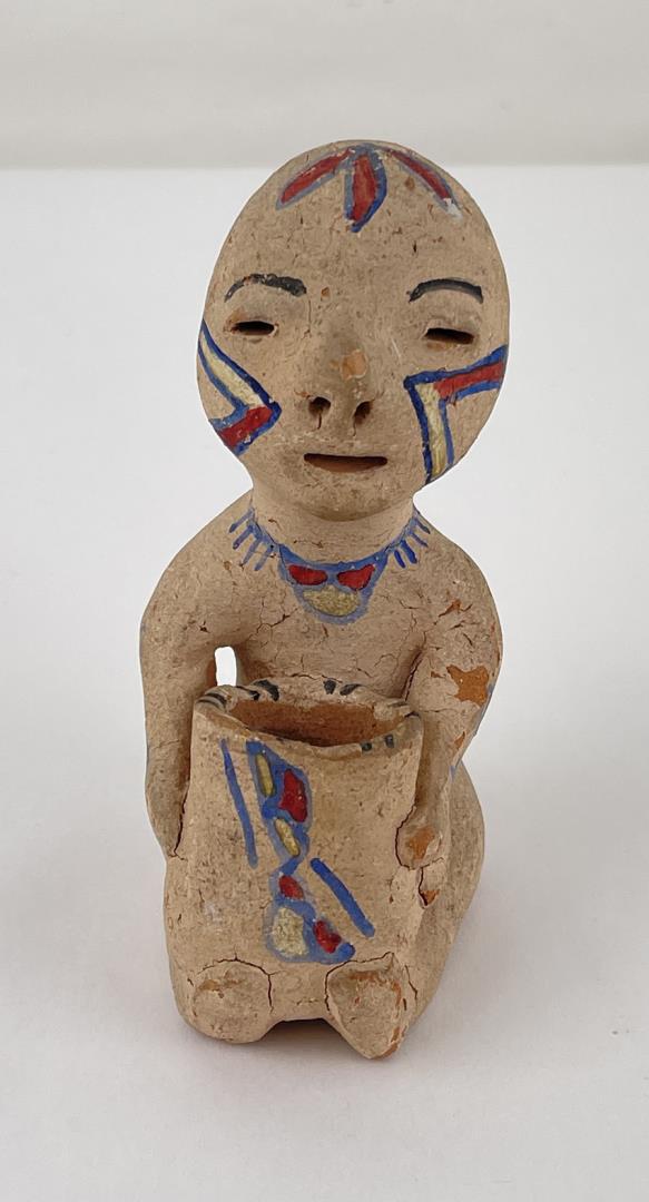 Tesuque Pueblo Indian Pottery Rain God: 4 1/2" tall. Broken and repaired. Allard Auction Collection Inv: RAH 24717