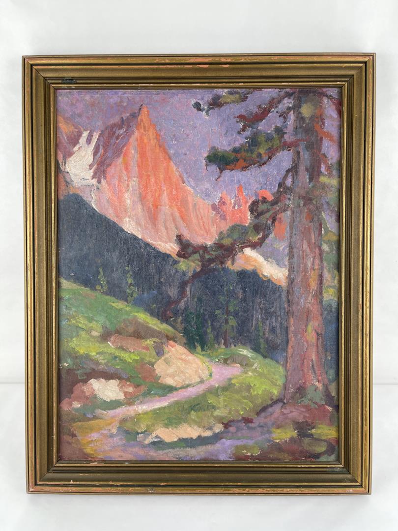 In the Manner of John Henri Moser Utah Painting: In the manner of John Henry Moser. Not signed. 22" by 28" framed. Sold as-is. John Henri Moser was born to John Moser and Elizabeth Flueman on September 13, 1876, in Wabern, Switzerland. Of seven chil