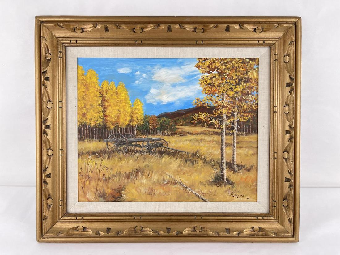 Pat Lipetzky Montana Oil on Board Painting: 24" by 28" framed. Pat was born on September 16, 1938 in Springfield, Minnesota, to P.C. Alfred "Chic" and Helen Dorow. She was one of four sisters. Pat grew up surrounded by horses and was involved i