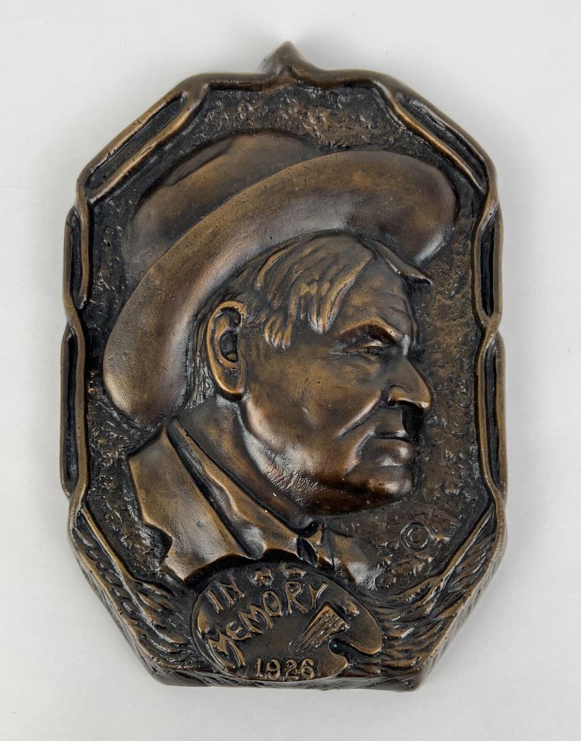 Charles CM Russell Funeral Pallbearer Plaque: 8 1/2" by 5 3/4". John Baier did this casting for Great Falls Iron Works in 1927. The Artist was Eric Schotz, a Heidelberg graduate who came to the US After WWI. Originally only 6 were made in bronze.