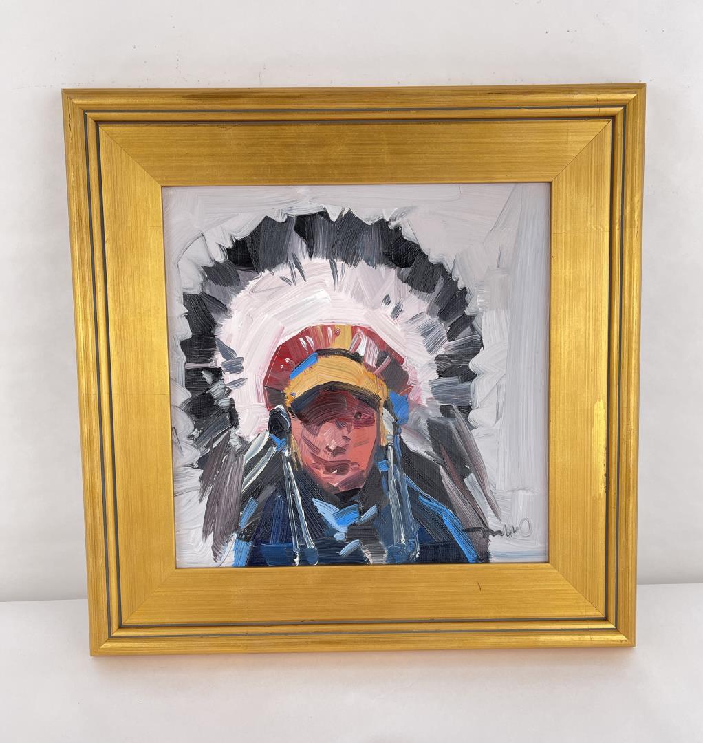 Jose Trujillo Oil Painting Native American Indian: 17" by 17" framed. Title is Native American Chief. Jose Trujillo (1982-Present) Tucson Arizona.