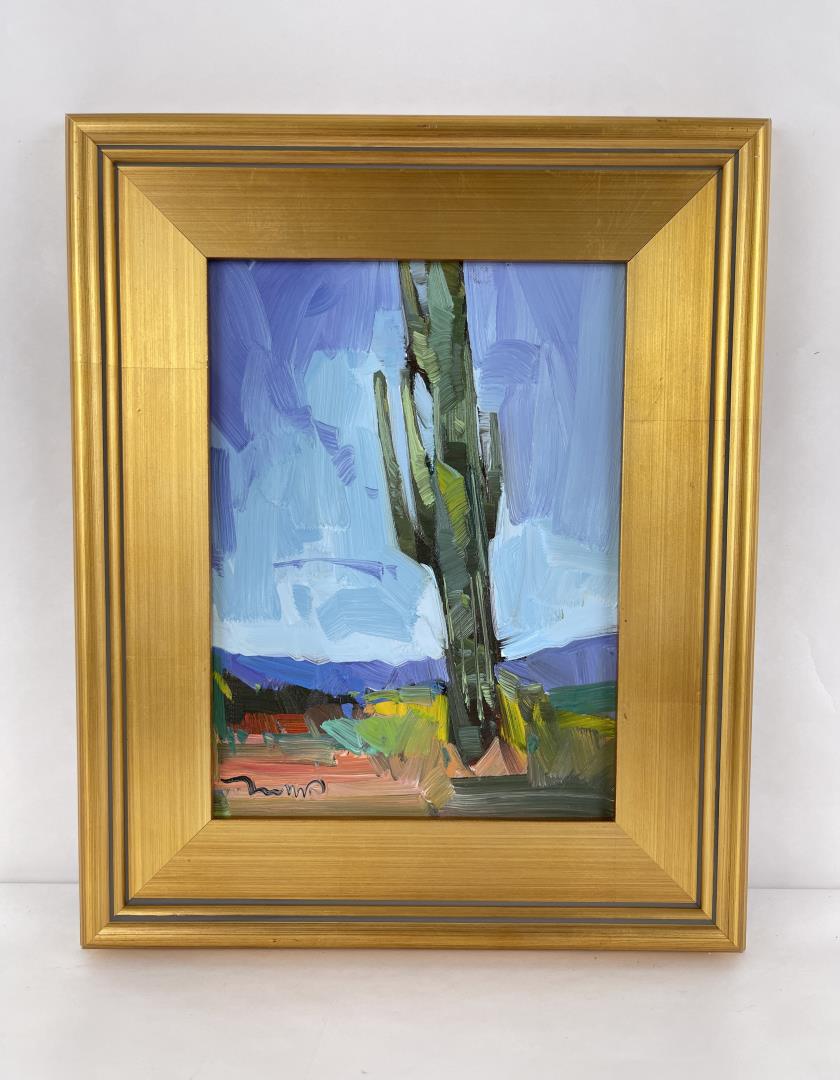 Jose Trujillo Oil Painting Tall Saguaro: 14" by 17" framed. Title is Tall Saguaro. Jose Trujillo (1982-Present) Tucson Arizona.