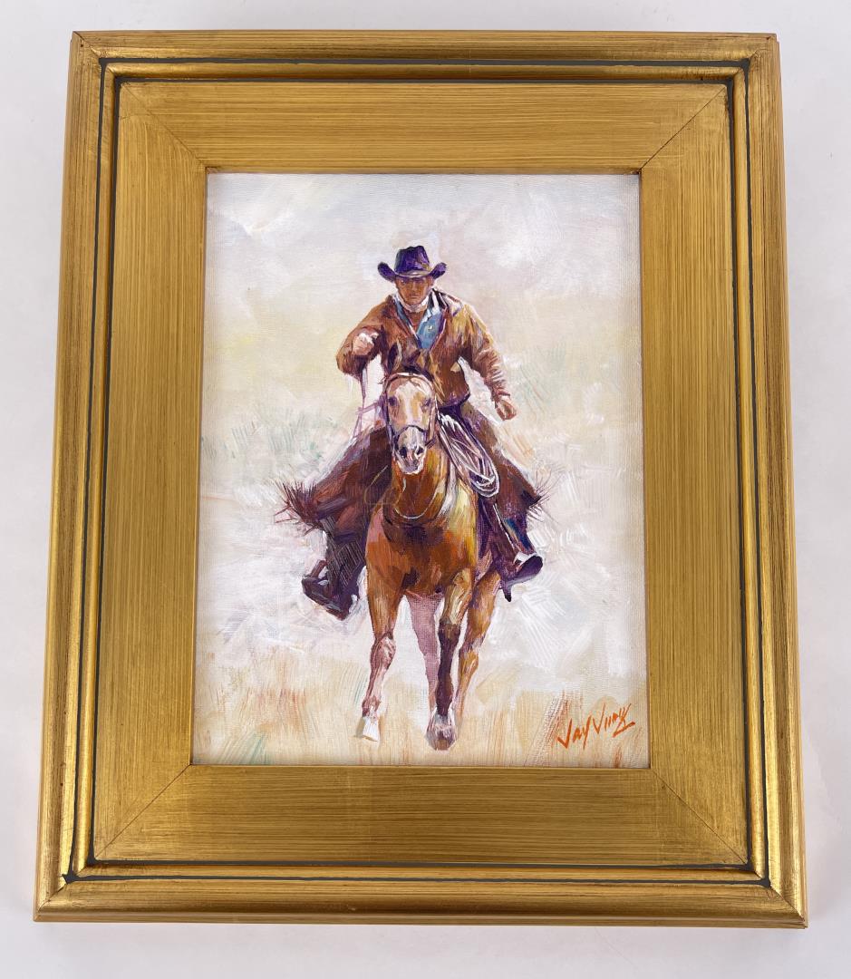 Jay Jung Oil On Canvas Cowboy Painting: 9" by 12" unframed. 14" by 17" framed. Jay Jung (Born 1955) is active/lives in New York. Jay Jung is known for Painting. American Impressionist Artist Jay Jung - located in New York City, USA. Artist 